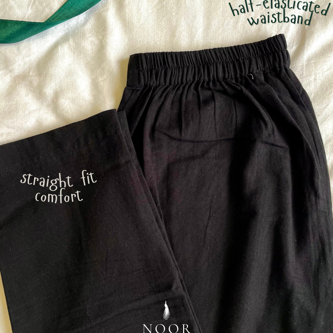 black cotton linen noor by hansa kurta co-ord set, crafted from a luxe linen-cotton blend that feels as good as it looks. available in five vibrant colours, this playful set is perfect for office wear or a day full of running errands