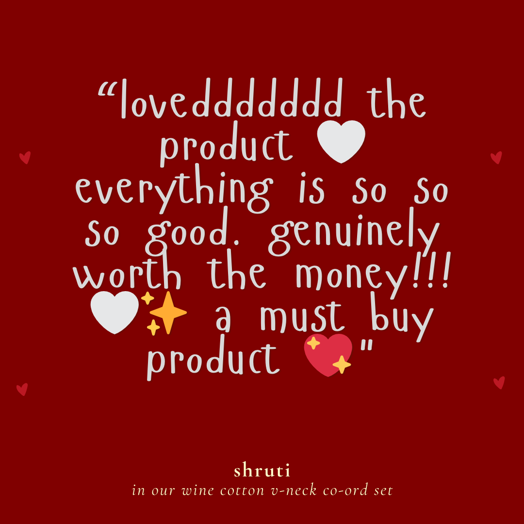 cotton wine noor by hansa v-neck co-ord set that’s as comfy as your favourite loungewear but sharp enough for the office! hand-made from an ultra-soft cotton blend, it stays vibrant wash after wash with zero colour bleeding. perfect for those days when you want to feel cozy and look effortlessly chic!