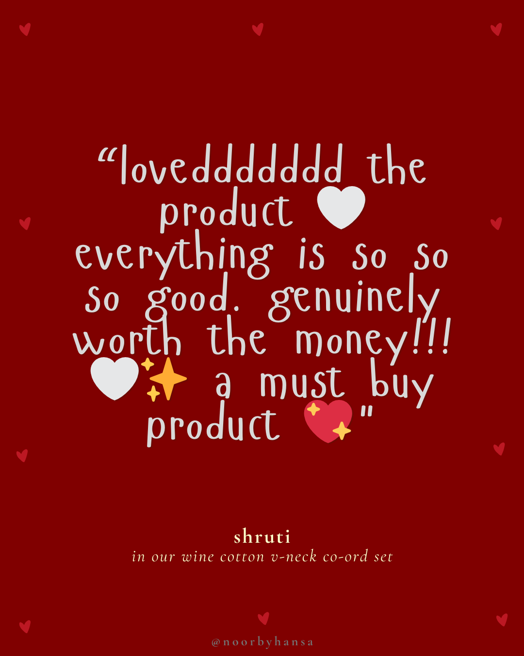 cotton wine noor by hansa v-neck co-ord set that’s as comfy as your favourite loungewear but sharp enough for the office! hand-made from an ultra-soft cotton blend, it stays vibrant wash after wash with zero colour bleeding. perfect for those days when you want to feel cozy and look effortlessly chic!