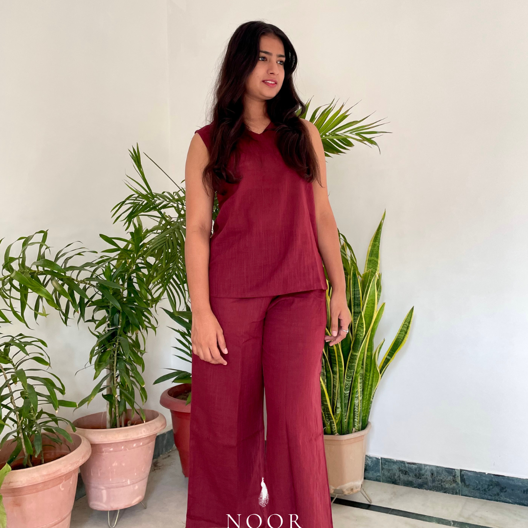 cotton wine noor by hansa v-neck co-ord set that’s as comfy as your favourite loungewear but sharp enough for the office! hand-made from an ultra-soft cotton blend, it stays vibrant wash after wash with zero colour bleeding. perfect for those days when you want to feel cozy and look effortlessly chic!