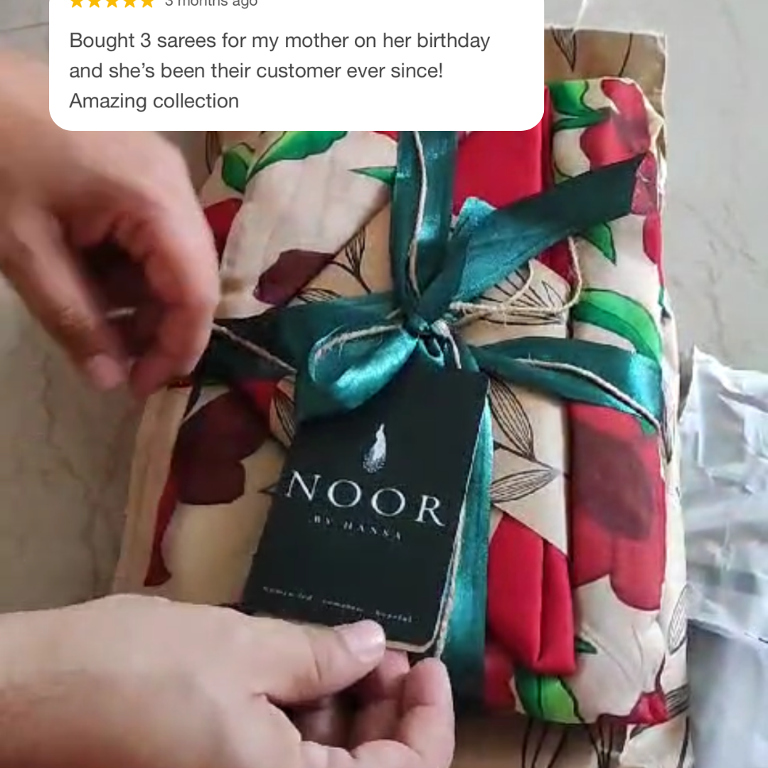 hand painted saree in pure organza silk by noor by hansa in beige colour paired with a pure cotton blouse piece, customer review with packaging picture