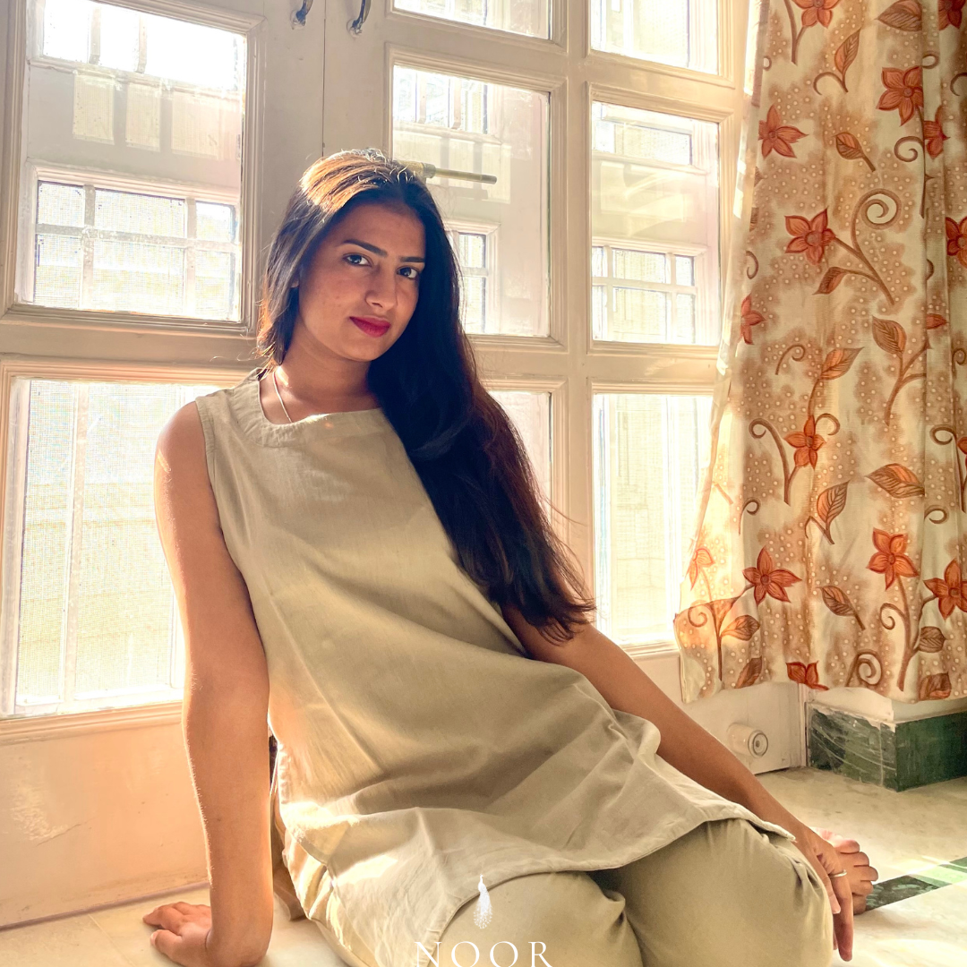 grey cotton linen noor by hansa kurta co-ord set, crafted from a luxe linen-cotton blend that feels as good as it looks. available in five vibrant colours, this playful set is perfect for office wear or a day full of running errands