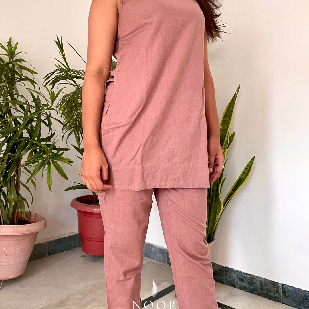 rose cotton linen noor by hansa kurta co-ord set, crafted from a luxe linen-cotton blend that feels as good as it looks. available in five vibrant colours, this playful set is perfect for office wear or a day full of running errands