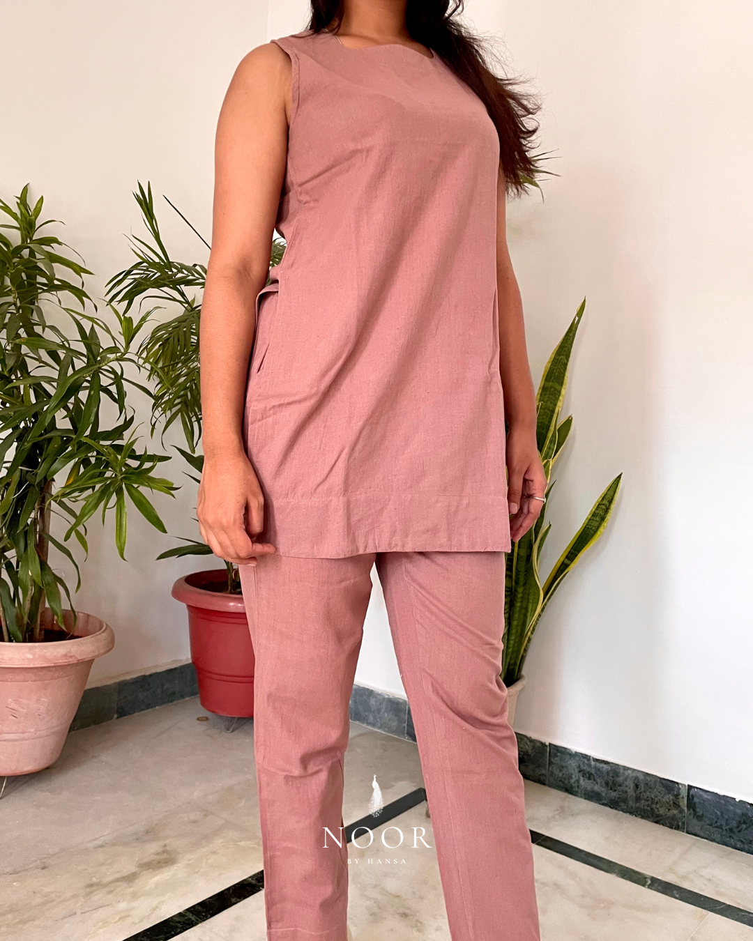 rose cotton linen noor by hansa kurta co-ord set, crafted from a luxe linen-cotton blend that feels as good as it looks. available in five vibrant colours, this playful set is perfect for office wear or a day full of running errands