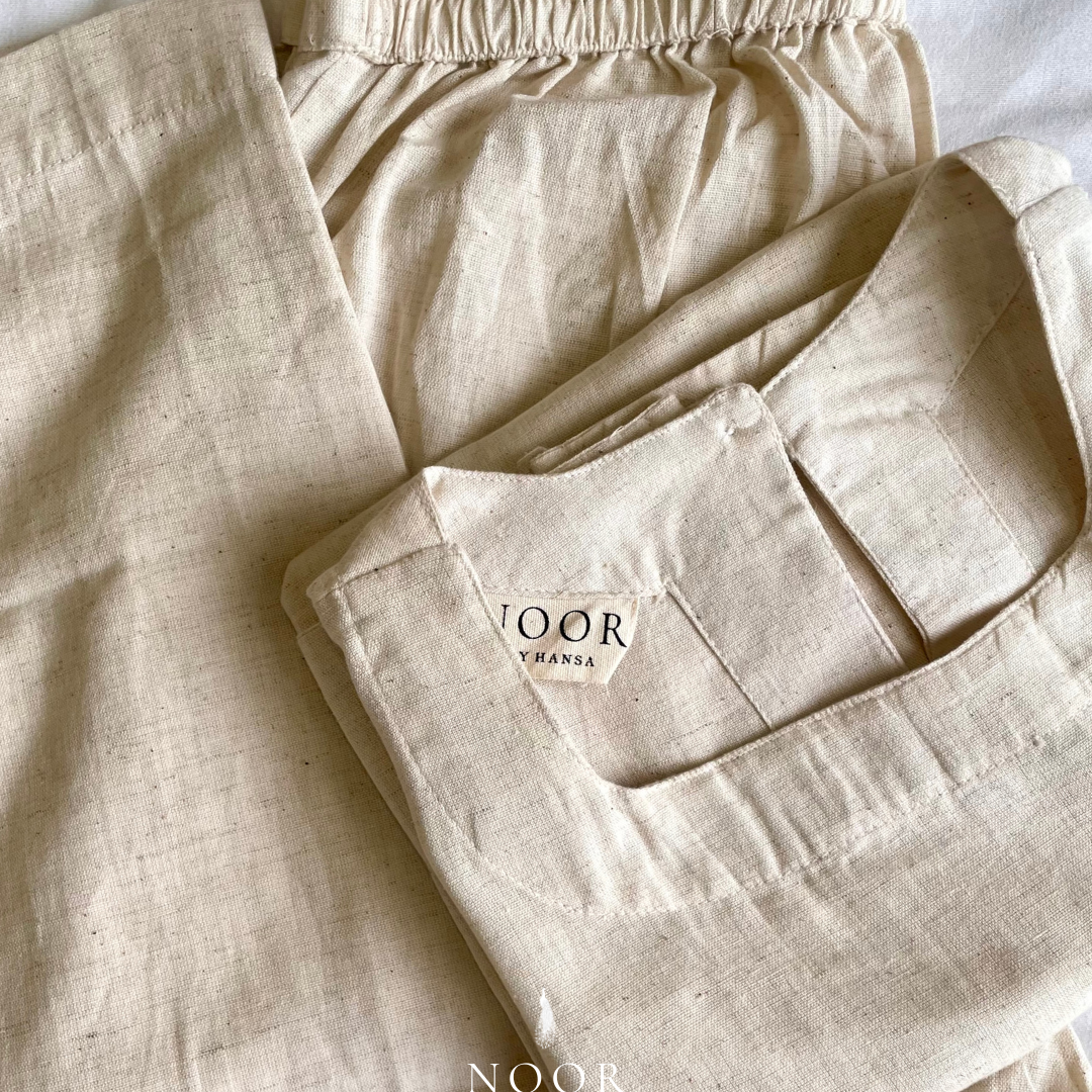 ecru white beige cotton linen noor by hansa kurta co-ord set, crafted from a luxe linen-cotton blend that feels as good as it looks. available in five vibrant colours, this playful set is perfect for office wear or a day full of running errands