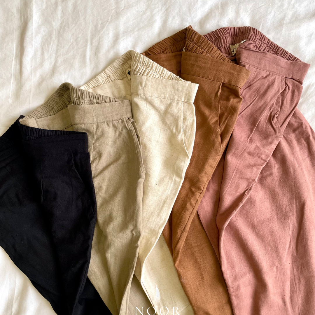 linen straight fit pants noor by hansa rose pink black brown grey ecru white crafted from a luxe linen-cotton blend that feels as good as it looks. available in five vibrant colours, they're really made for the indian body type - no more fitting into what was not made for us!
style tip: pair these pants with linen shirts, cotton kurtas or basic tank tops for a chic look on a busy day!