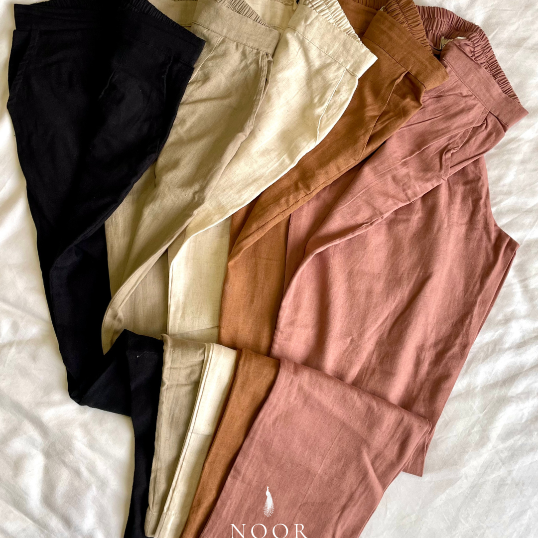 linen straight fit pants noor by hansa rose pink black brown grey ecru white crafted from a luxe linen-cotton blend that feels as good as it looks. available in five vibrant colours, they're really made for the indian body type - no more fitting into what was not made for us!
style tip pair these pants with linen shirts, cotton kurtas or basic tank tops for a chic look on a busy day!