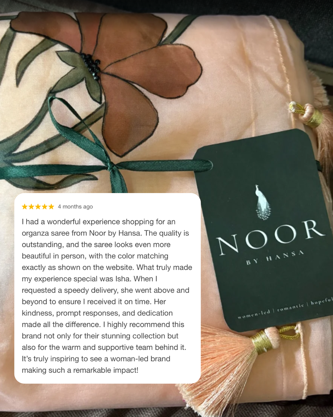 hand painted saree in pure organza silk by noor by hansa in peach customer review, handmade saree