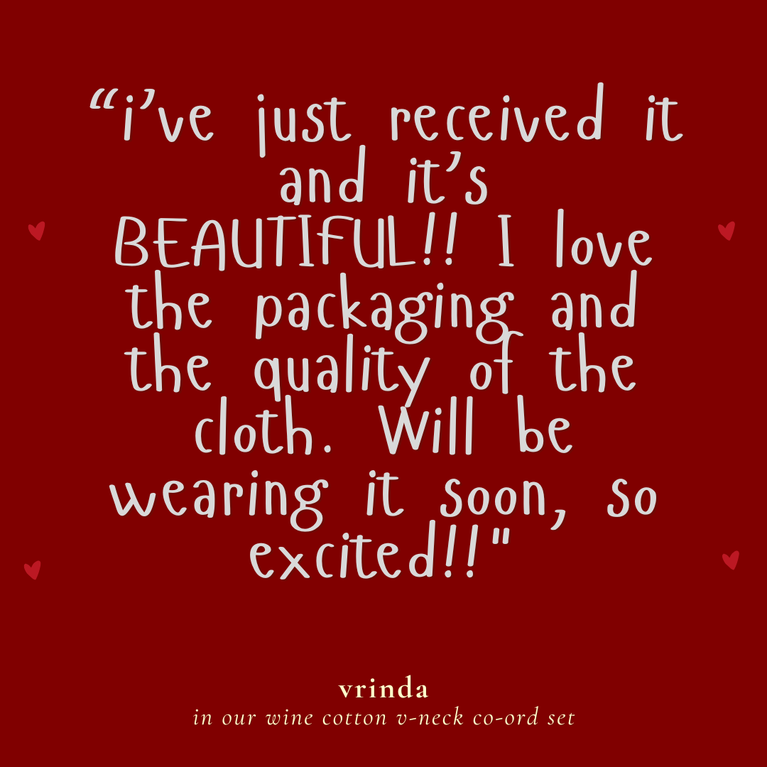 cotton wine noor by hansa v-neck co-ord set that’s as comfy as your favourite loungewear but sharp enough for the office! hand-made from an ultra-soft cotton blend, it stays vibrant wash after wash with zero colour bleeding. perfect for those days when you want to feel cozy and look effortlessly chic! review