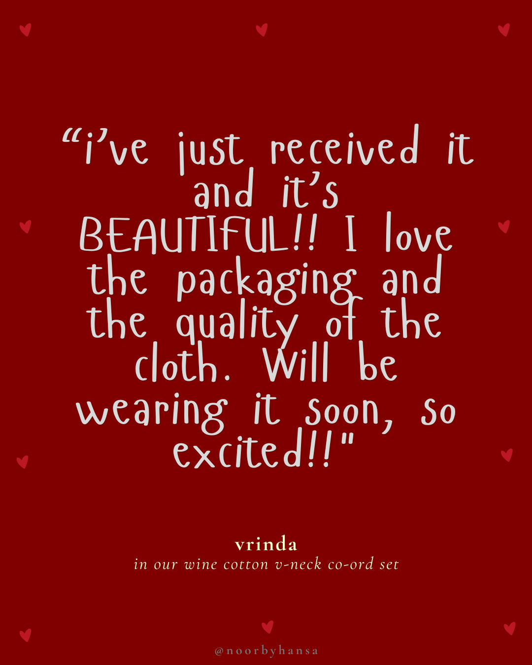 cotton wine noor by hansa v-neck co-ord set that’s as comfy as your favourite loungewear but sharp enough for the office! hand-made from an ultra-soft cotton blend, it stays vibrant wash after wash with zero colour bleeding. perfect for those days when you want to feel cozy and look effortlessly chic! review