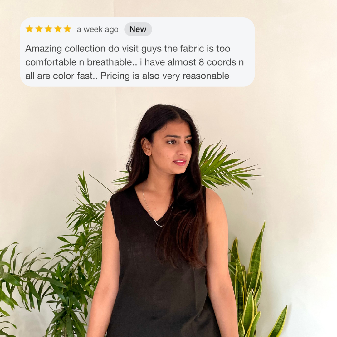 black noor by hansa cotton v-neck co-ord set that’s as comfy as your favourite loungewear but sharp enough for the office! hand-made from an ultra-soft cotton blend, it stays vibrant wash after wash with zero colour bleeding. perfect for those days when you want to feel cozy and look effortlessly chic!