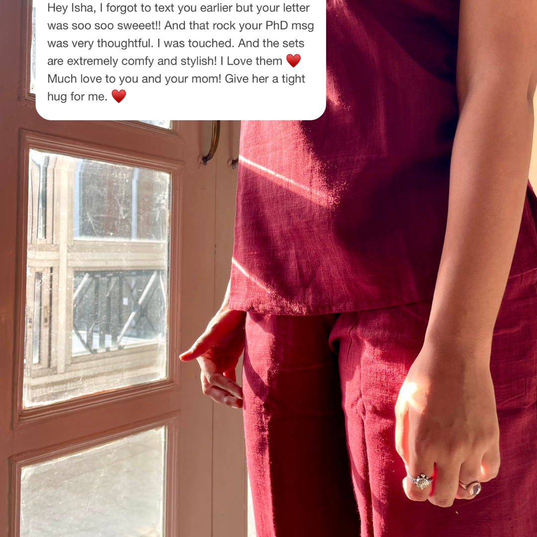 cotton wine noor by hansa v-neck co-ord set that’s as comfy as your favourite loungewear but sharp enough for the office! hand-made from an ultra-soft cotton blend, it stays vibrant wash after wash with zero colour bleeding. perfect for those days when you want to feel cozy and look effortlessly chic!