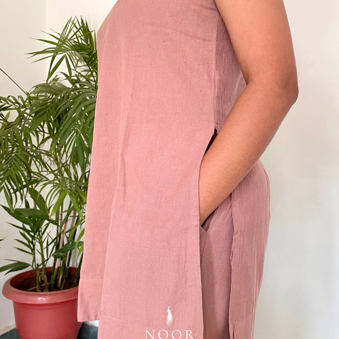 rose cotton linen noor by hansa kurta co-ord set, crafted from a luxe linen-cotton blend that feels as good as it looks. available in five vibrant colours, this playful set is perfect for office wear or a day full of running errands