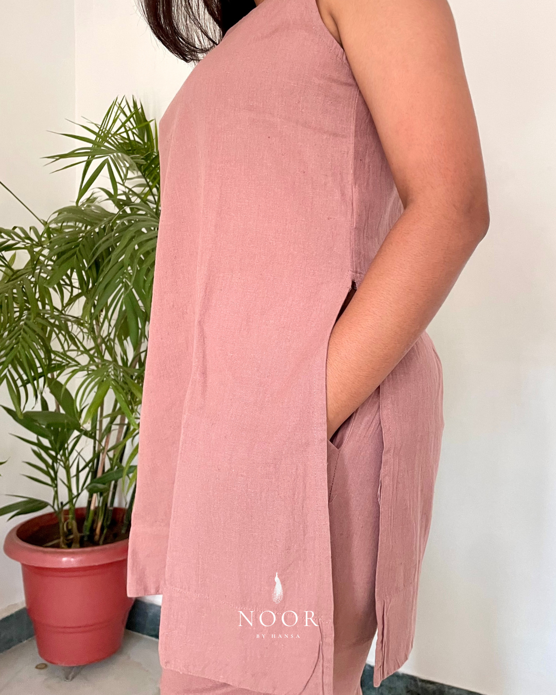 rose cotton linen noor by hansa kurta co-ord set, crafted from a luxe linen-cotton blend that feels as good as it looks. available in five vibrant colours, this playful set is perfect for office wear or a day full of running errands
