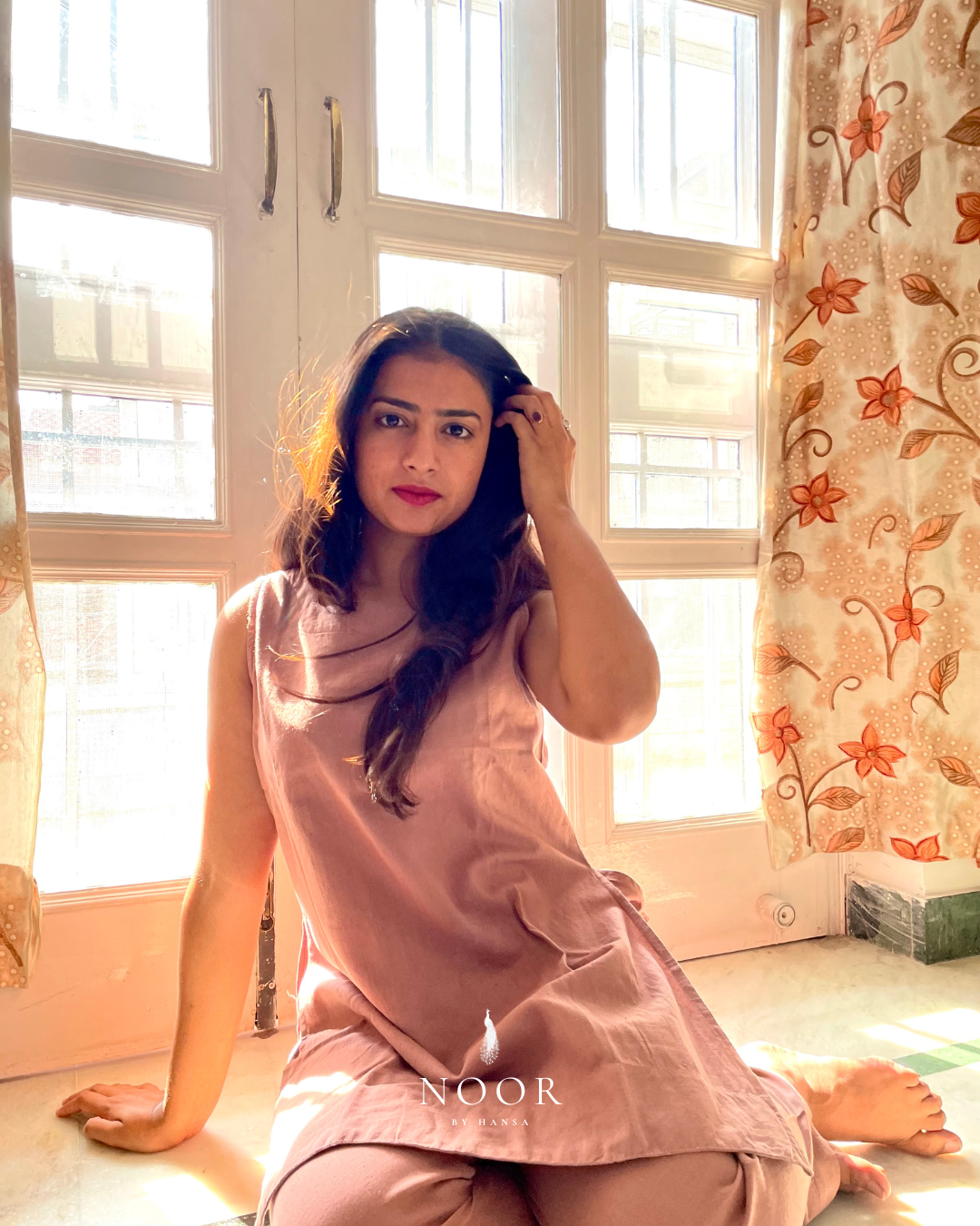 rose cotton linen noor by hansa kurta co-ord set, crafted from a luxe linen-cotton blend that feels as good as it looks. available in five vibrant colours, this playful set is perfect for office wear or a day full of running errands