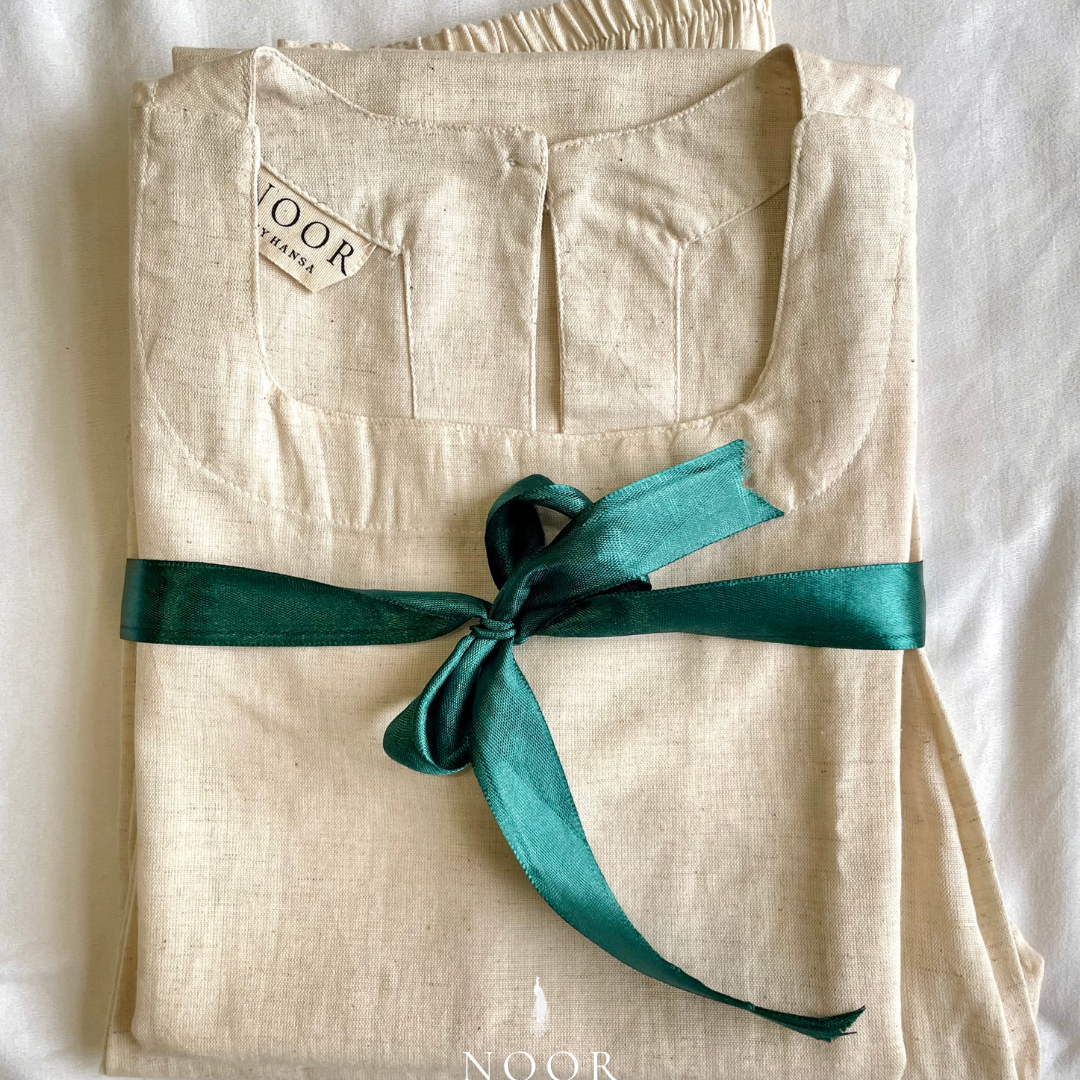 ecru white beige cotton linen noor by hansa kurta co-ord set, crafted from a luxe linen-cotton blend that feels as good as it looks. available in five vibrant colours, this playful set is perfect for office wear or a day full of running errands