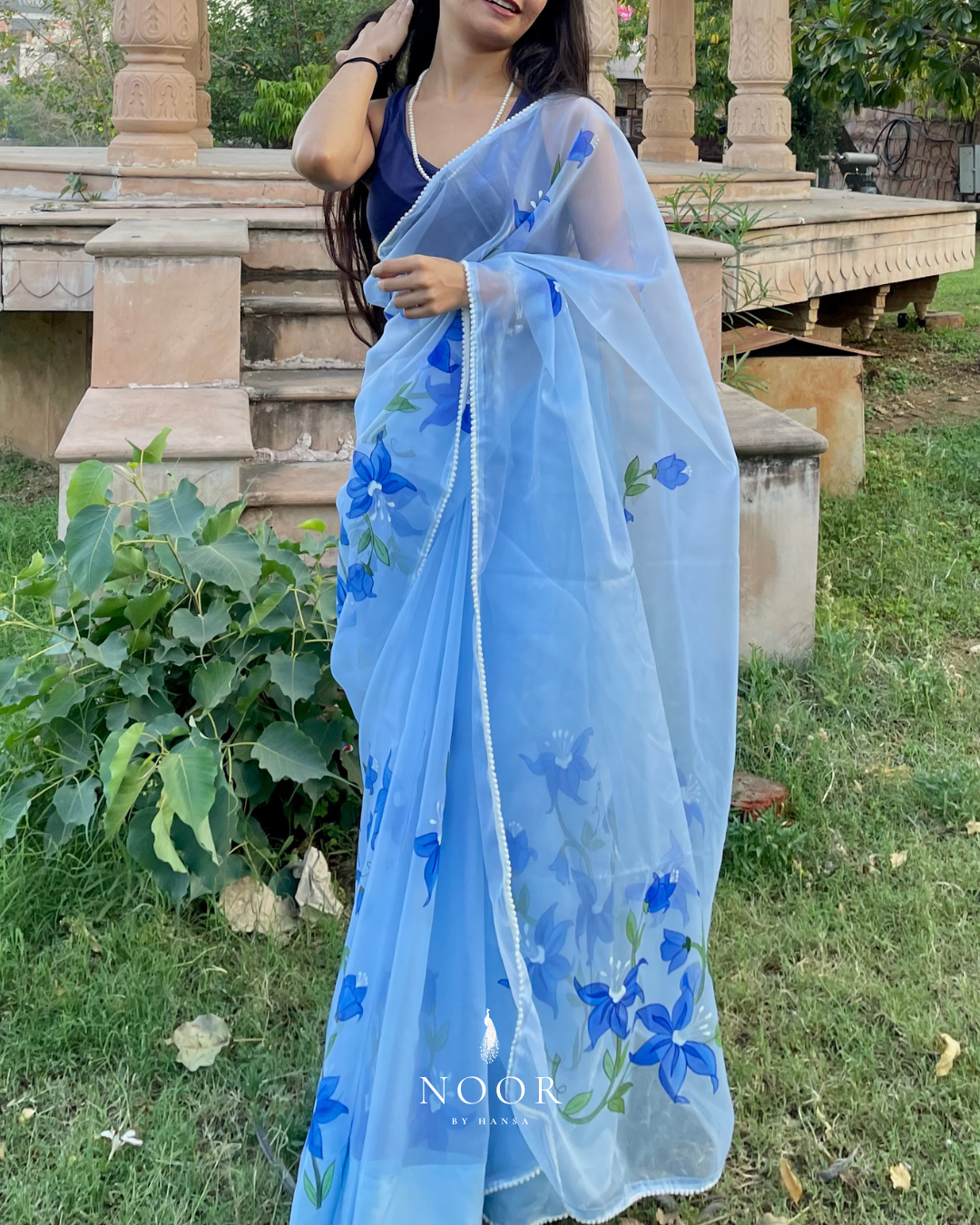 hand painted saree in pure organza silk by noor by hansa in sky blue colour paired with a white blouse piece