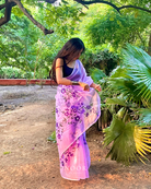 hand painted saree in pure organza silk by noor by hansa in lavender colour paired with a pure cotton blouse piece