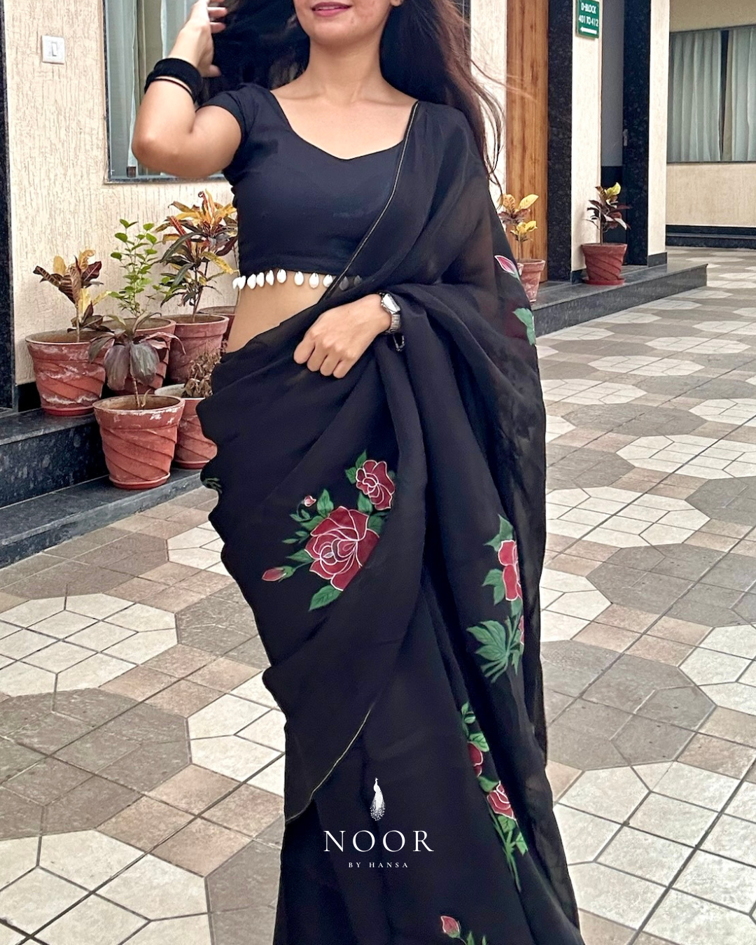 hand painted saree in pure organza silk by noor by hansa in black