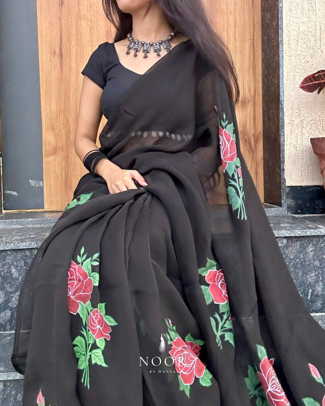 hand painted saree in pure organza silk by noor by hansa in black