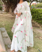 hand painted ivory 'jaituni' odhani in pure organza silk fabric with hand-painted motifs of leaves &amp; pink tulips spread all over, embellished with studded stones. light and flowy, this makes for a perfect summer essential