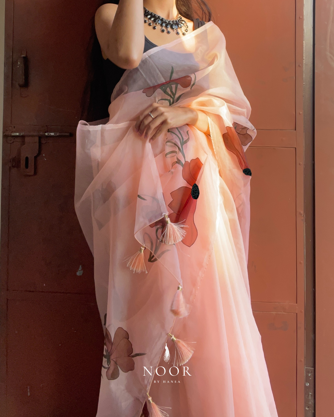 hand painted saree in pure organza silk by noor by hansa in peach