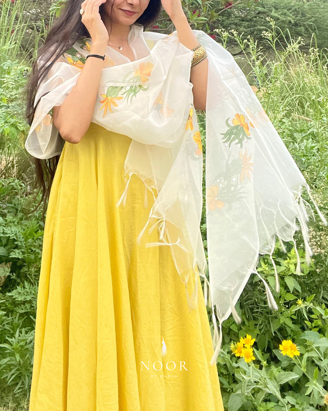 hand painted ivory 'fanaa' odhani in pure organza silk with whimsical yellow motifs, studded with minimal gold stones and edged with fringes