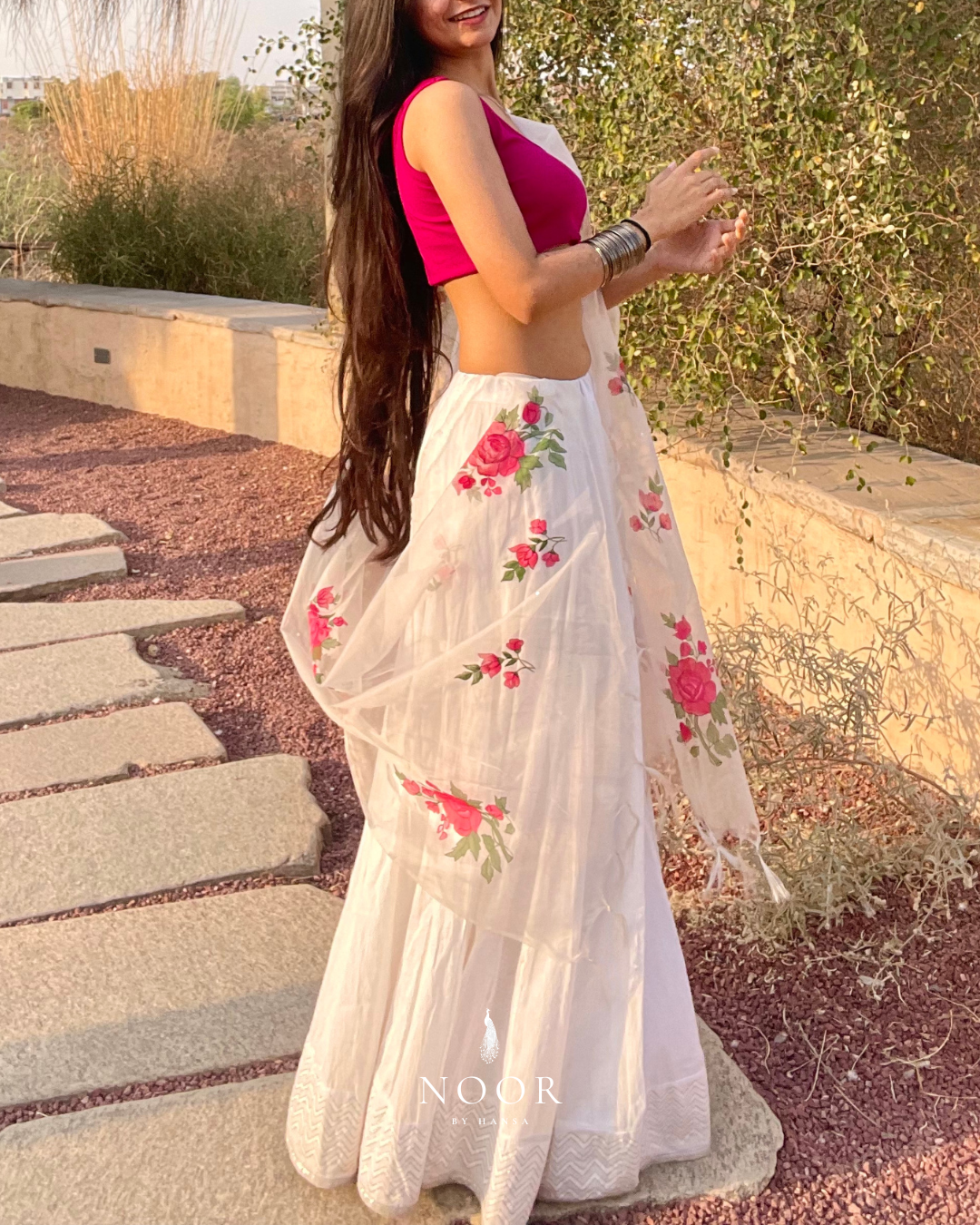 hand painted ivory 'gul' odhani in pure organza silk laden with heavy pink rose motifs and white sequins, with bordered fringes