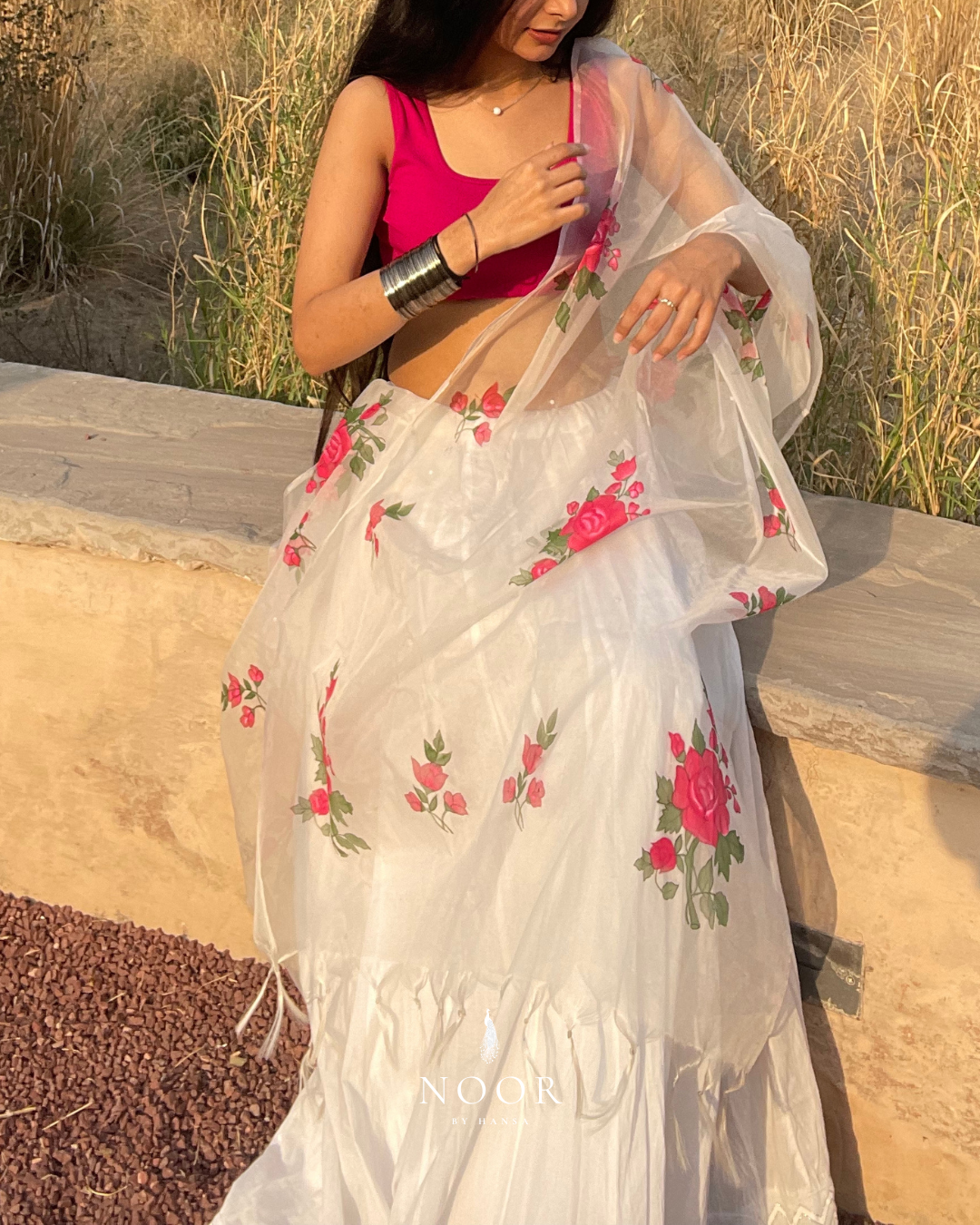 hand painted ivory 'gul' odhani in pure organza silk laden with heavy pink rose motifs and white sequins, with bordered fringes