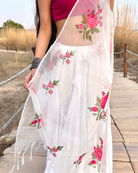 hand painted ivory 'gul' odhani in pure organza silk laden with heavy pink rose motifs and white sequins, with bordered fringes