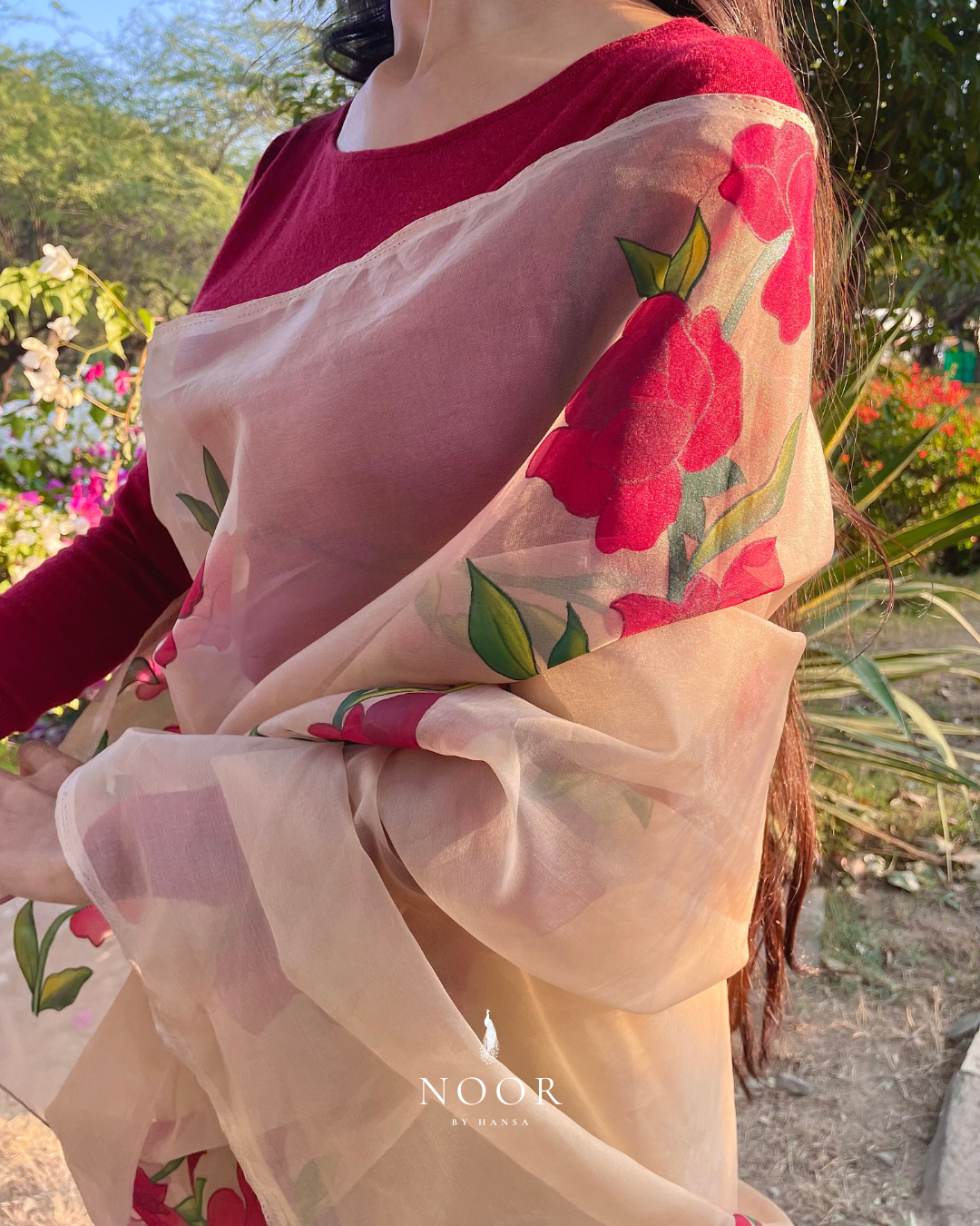 hand painted saree in pure organza silk by noor by hansa in beige colour paired with a pure cotton blouse piece
