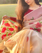hand painted saree in pure organza silk by noor by hansa in beige colour paired with a pure cotton blouse piece