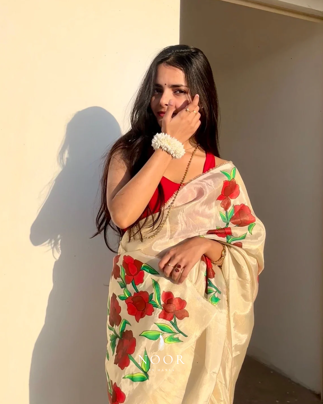 hand painted saree in tissue by noor by hansa paired with a pure cotton blouse,hand painted sarees
handpainted sarees
handpainted sari
hand painted saris
jaipur sarees
handcrafted saris
organza silk sarees
tissue sarees
tissue saris
organza silk saris
noorbyhansa 
noor by hansa