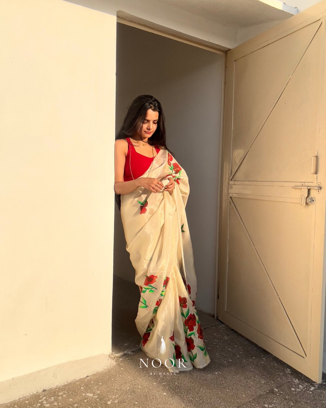 hand painted saree in tissue by noor by hansa paired with a pure cotton blouse