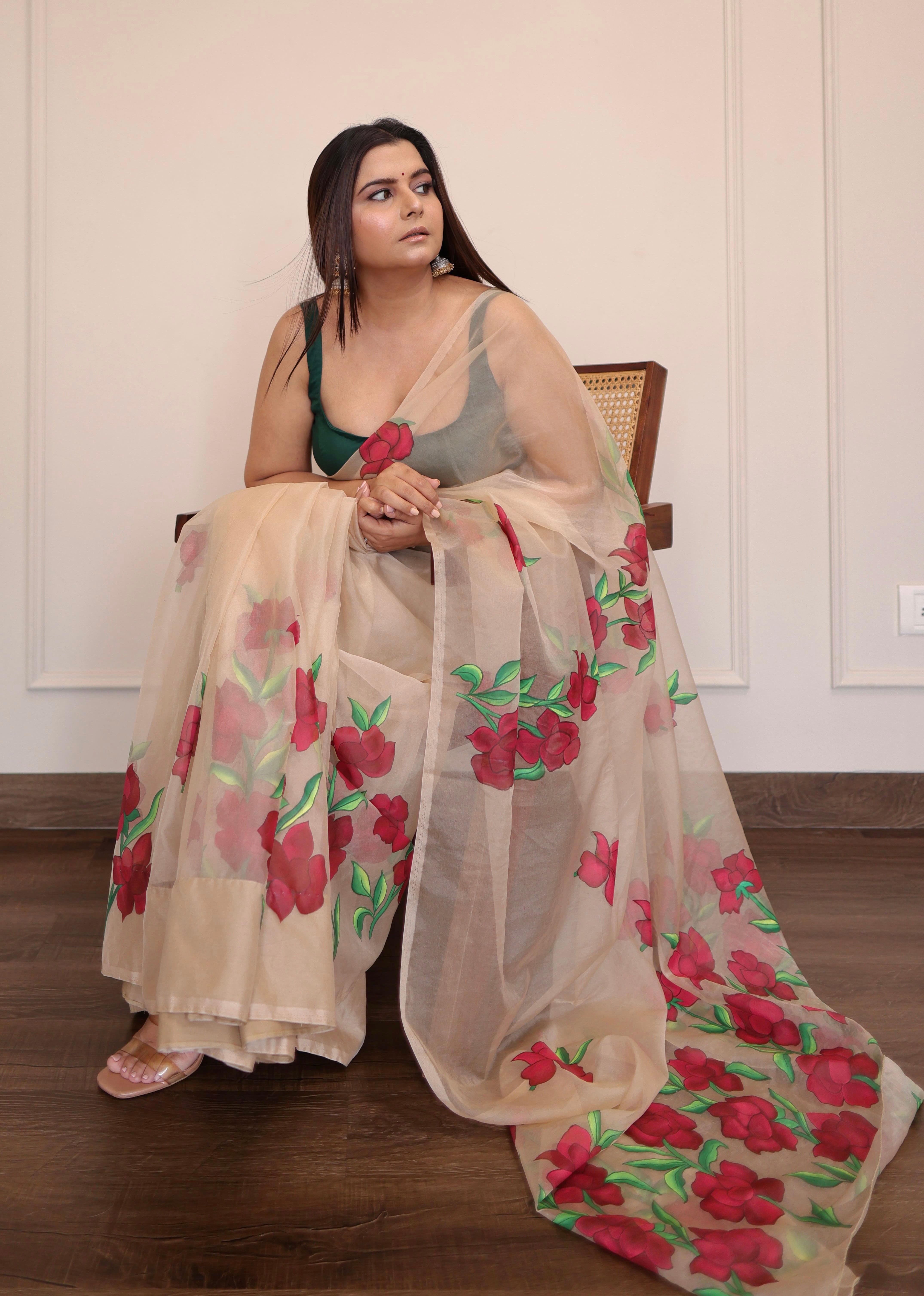 hand painted saree in pure organza silk by noor by hansa in beige colour paired with a pure cotton blouse piece
