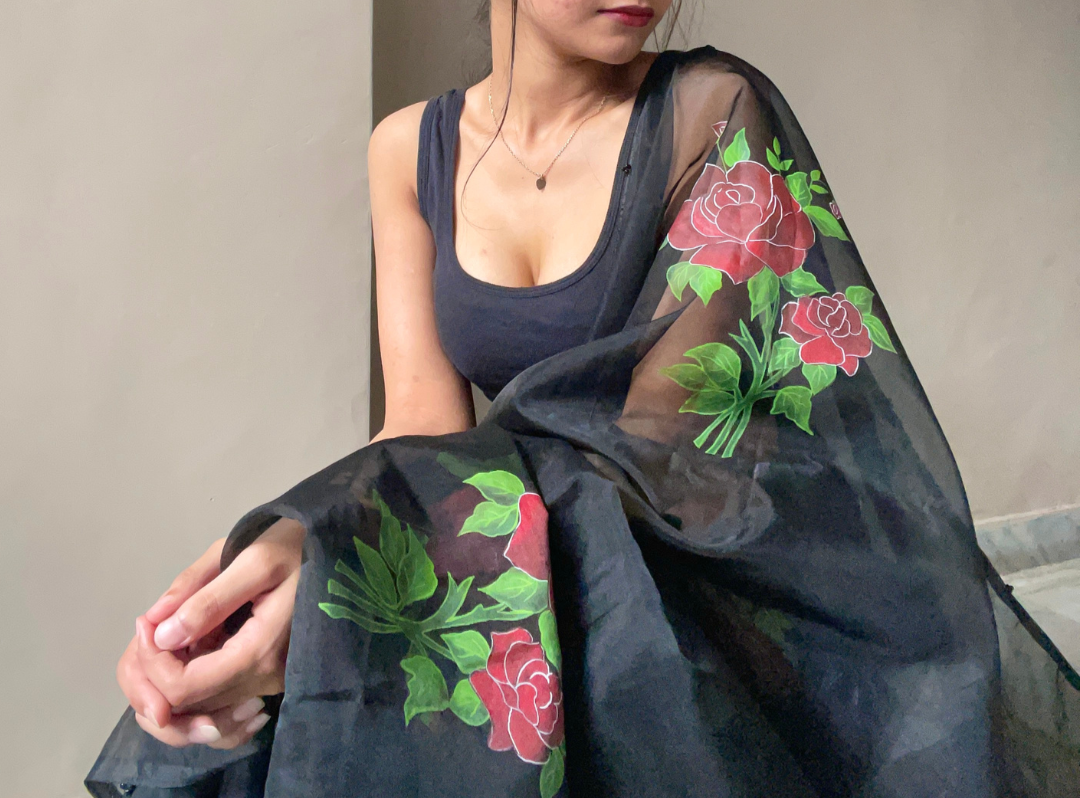 hand painted black saree on pure organza silk by noor by hansa paired with a pure cotton blouse