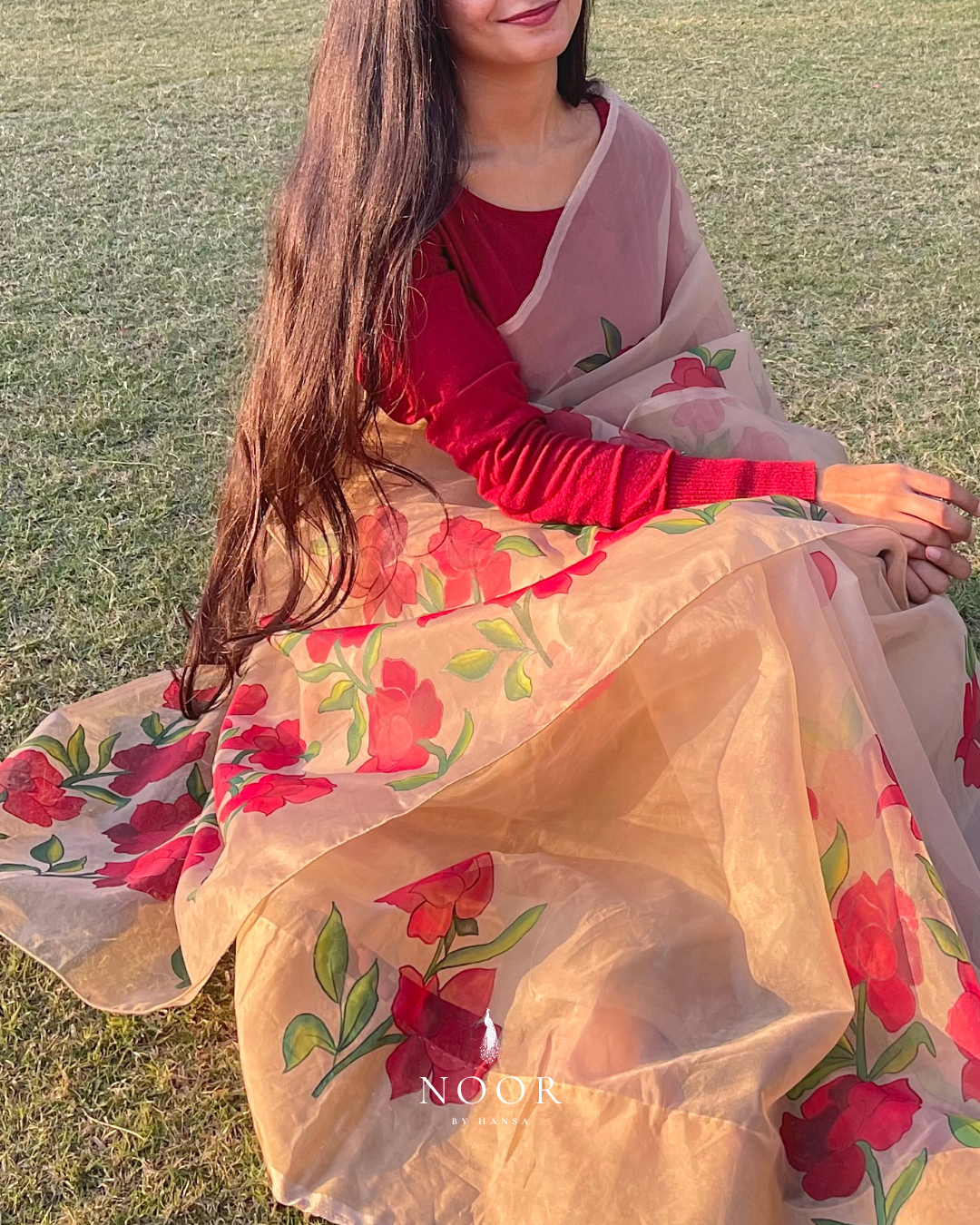 hand painted saree in pure organza silk by noor by hansa in beige colour paired with a pure cotton blouse piece