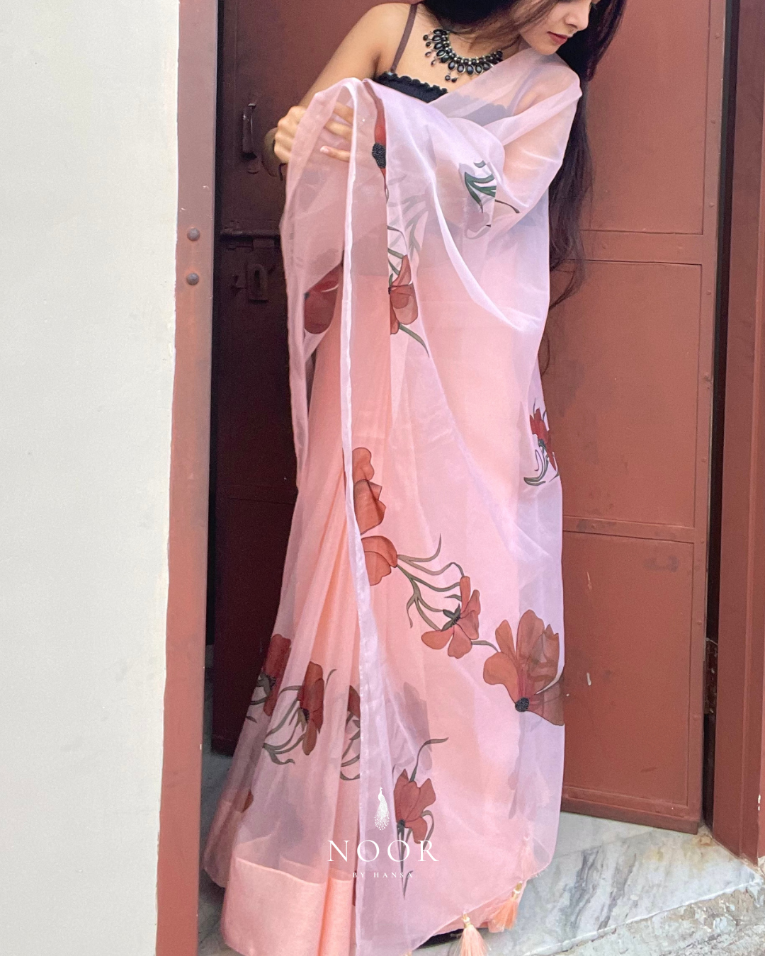 hand painted saree in pure organza silk by noor by hansa in peach