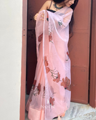 hand painted saree in pure organza silk by noor by hansa in peach
