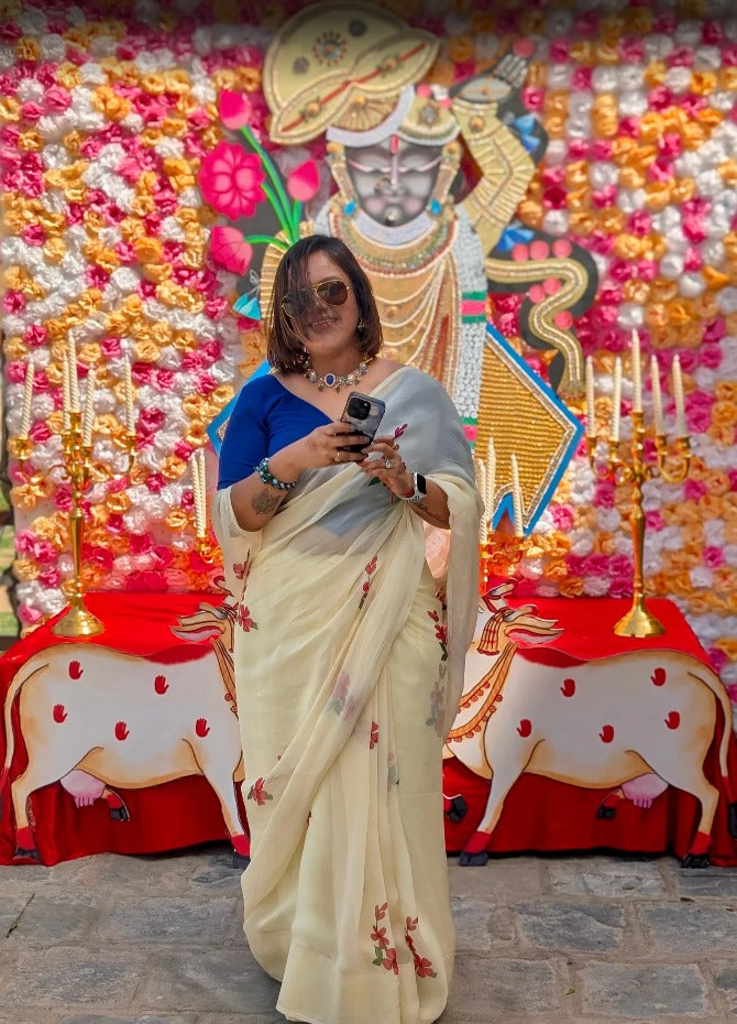 beige hand painted 'morni' organza silk saree