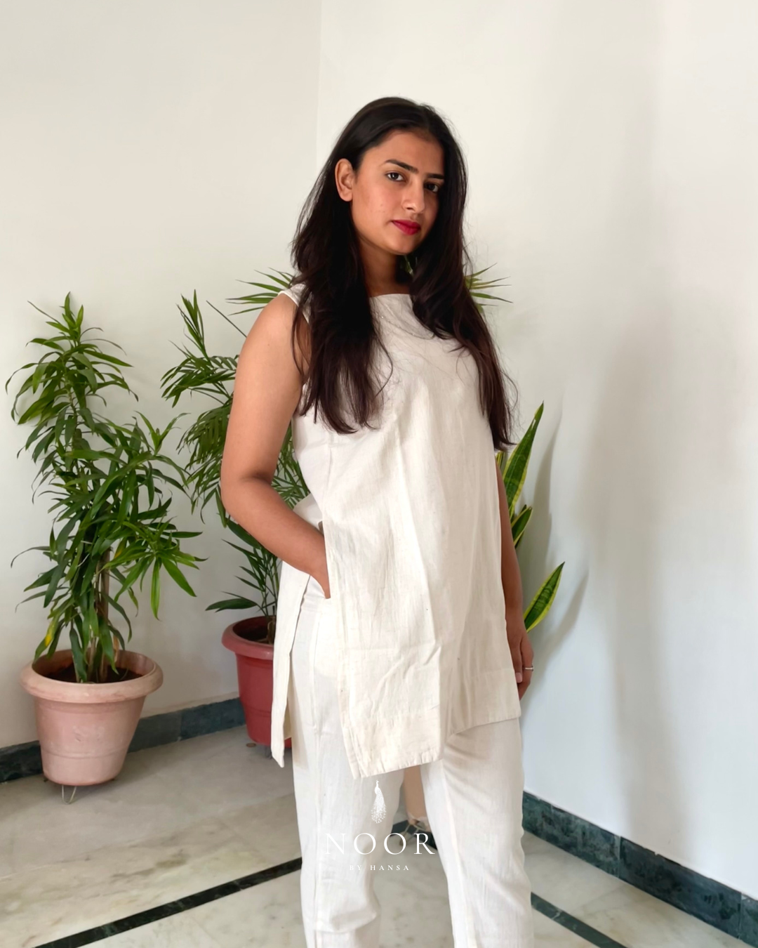 ecru white beige cotton linen noor by hansa kurta co-ord set, crafted from a luxe linen-cotton blend that feels as good as it looks. available in five vibrant colours, this playful set is perfect for office wear or a day full of running errands