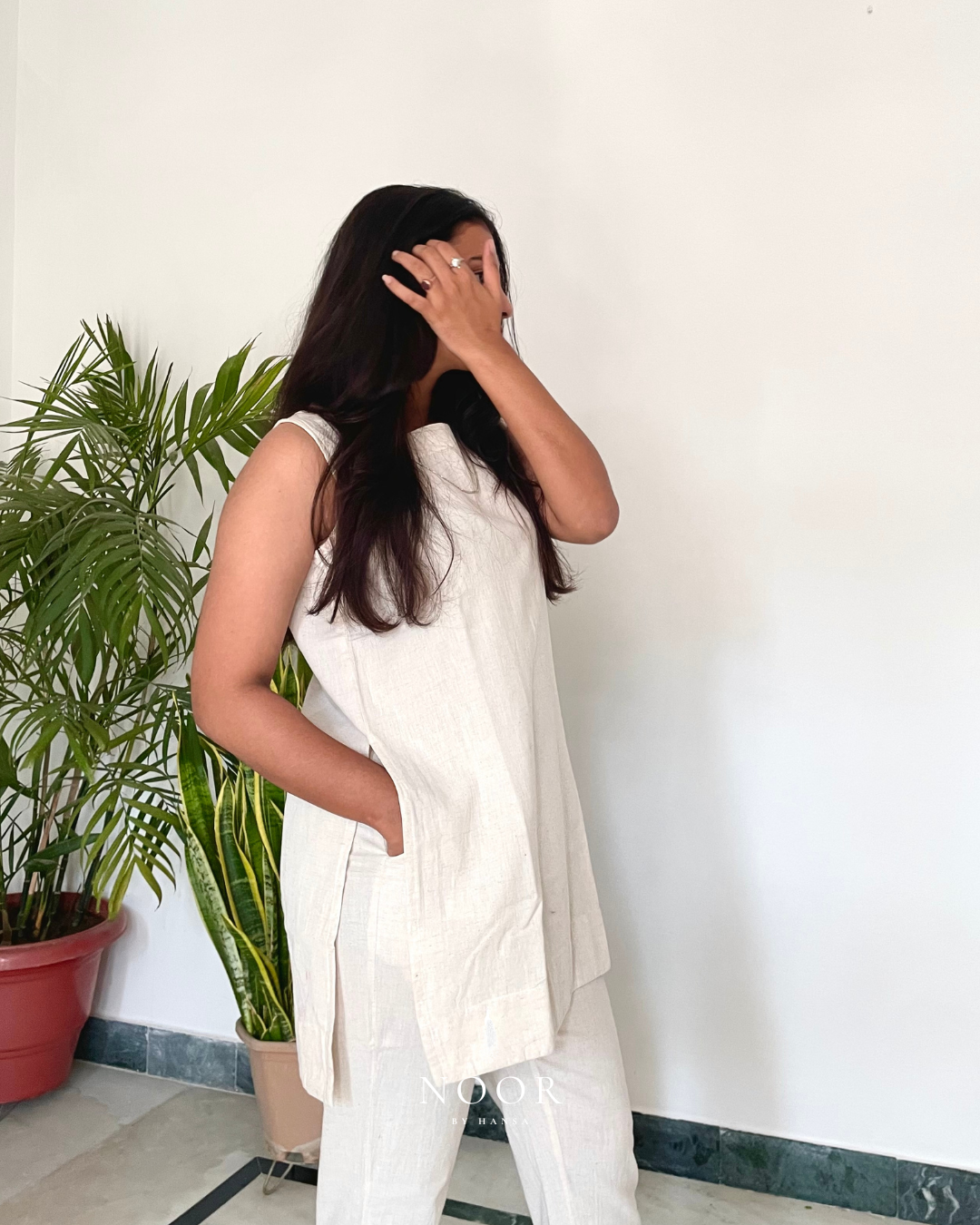 ecru white beige cotton linen noor by hansa kurta co-ord set, crafted from a luxe linen-cotton blend that feels as good as it looks. available in five vibrant colours, this playful set is perfect for office wear or a day full of running errands