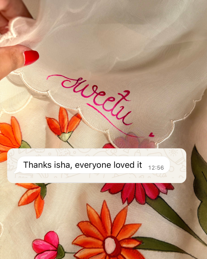 white hand painted 'gulposh' organza silk saree