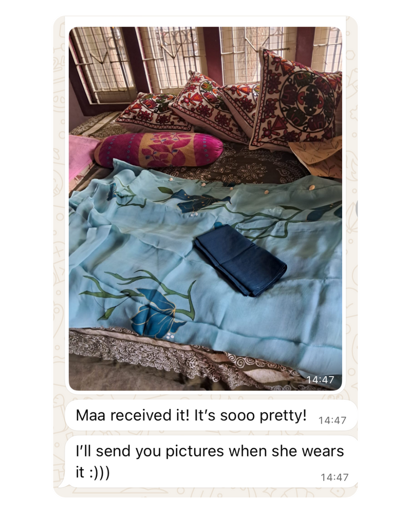 topaz teal hand painted 'aarzoo' organza silk saree