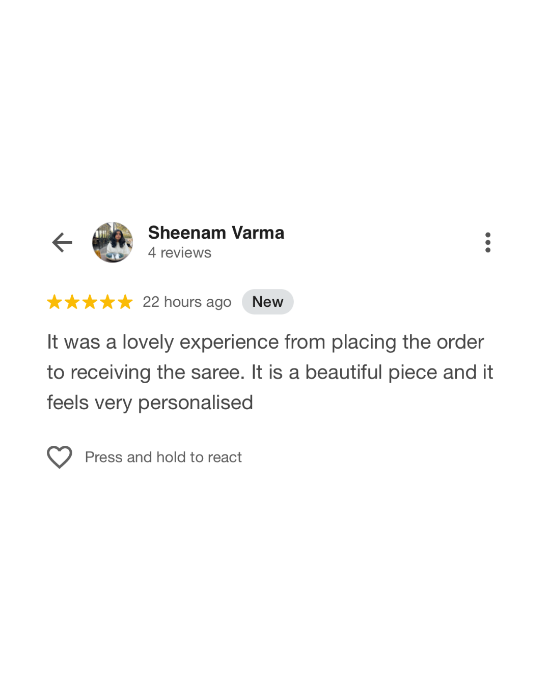 Product review with a five-star rating from Sheenam Varma on a white background