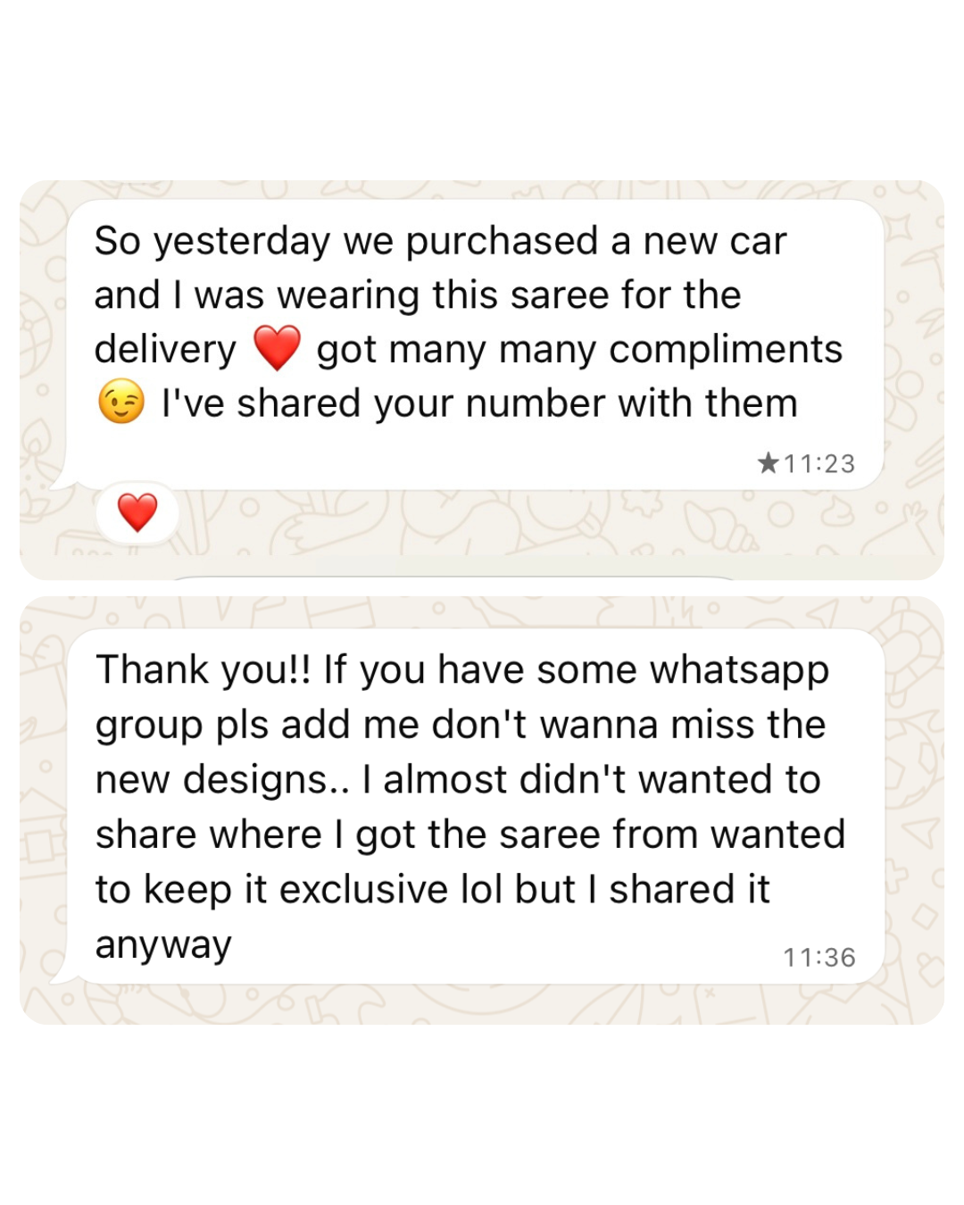 Text conversation about purchasing a new car and wearing a saree for the delivery.