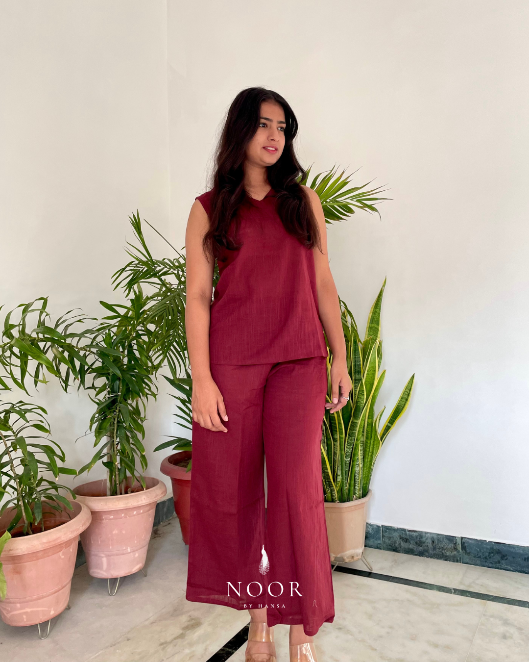 cotton wine noor by hansa v-neck co-ord set that’s as comfy as your favourite loungewear but sharp enough for the office! hand-made from an ultra-soft cotton blend, it stays vibrant wash after wash with zero colour bleeding. perfect for those days when you want to feel cozy and look effortlessly chic!