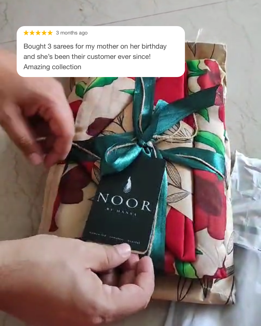 hand painted saree in pure organza silk by noor by hansa in beige colour paired with a pure cotton blouse piece, customer review with packaging picture