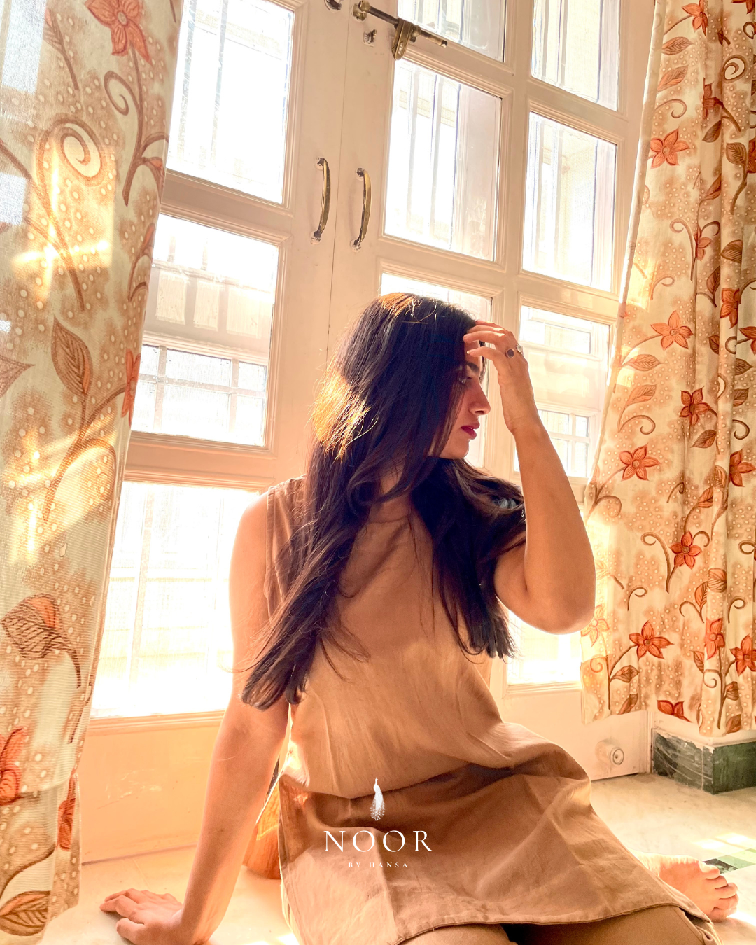 brown cotton linen noor by hansa kurta co-ord set, crafted from a luxe linen-cotton blend that feels as good as it looks. available in five vibrant colours, this playful set is perfect for office wear or a day full of running errands