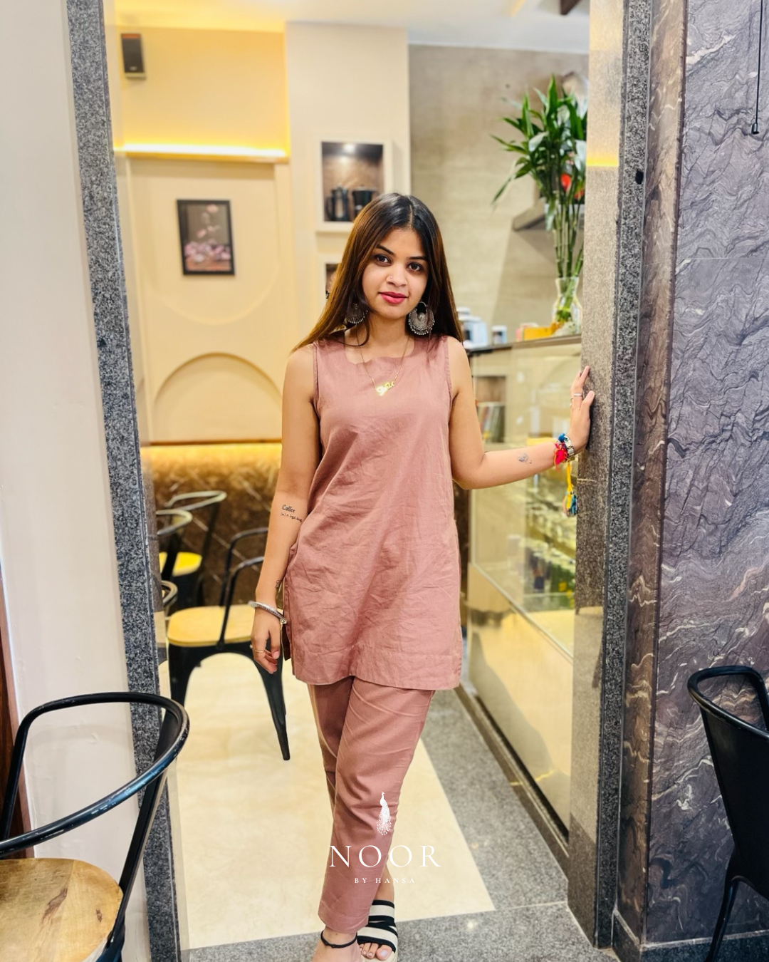 rose cotton linen noor by hansa kurta co-ord set, crafted from a luxe linen-cotton blend that feels as good as it looks. available in five vibrant colours, this playful set is perfect for office wear or a day full of running errands
